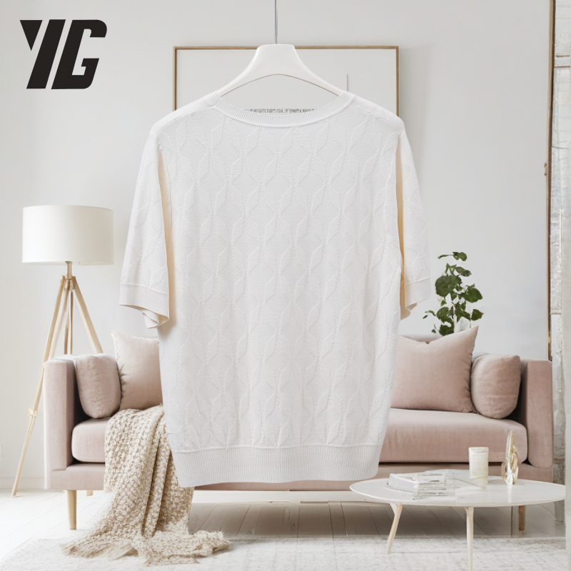 YG 2024 Summer New Rayon O-neck Short sleeved T-shirt for Women's Fashion Versatile Thin Knitted Top Simple and Elegant