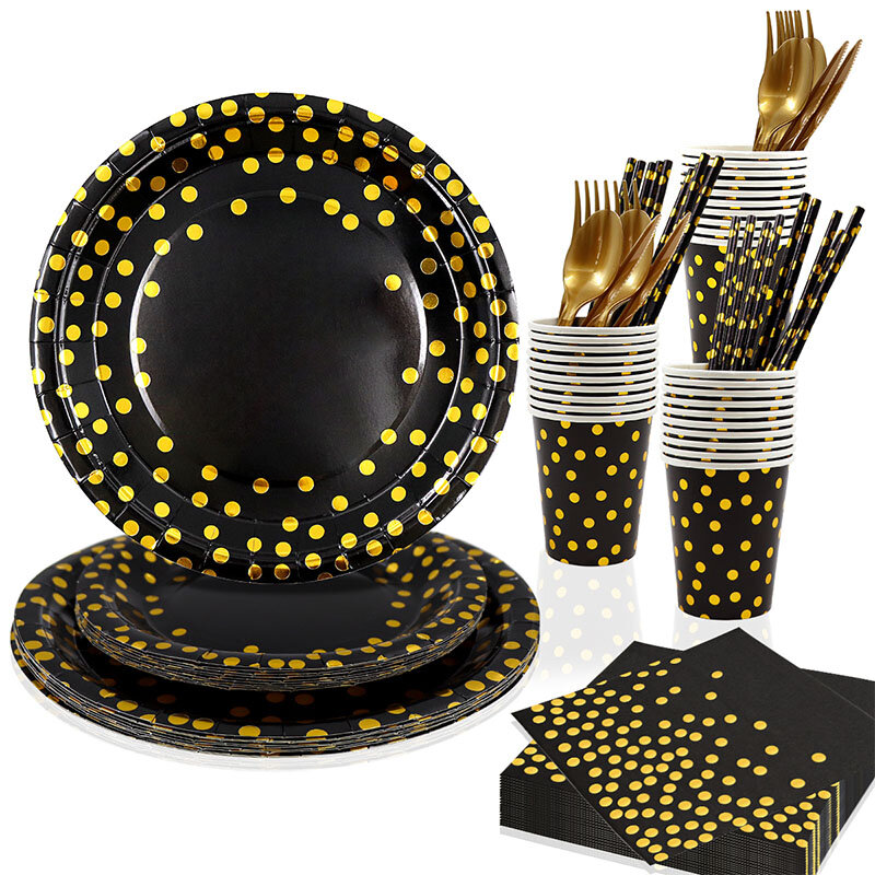 10 гостевых черных и золотых точек, строительные принадлежности, высококачественные одноразовые бумажные тарелки, салфетки для чашек, для свадебной вечеринки, Искусственные женские свадебные тарелки