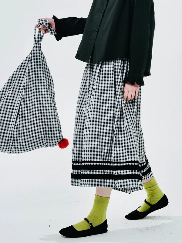 IMAKOKONI original design loose plaid patchwork striped pocket wide leg pants women 244573