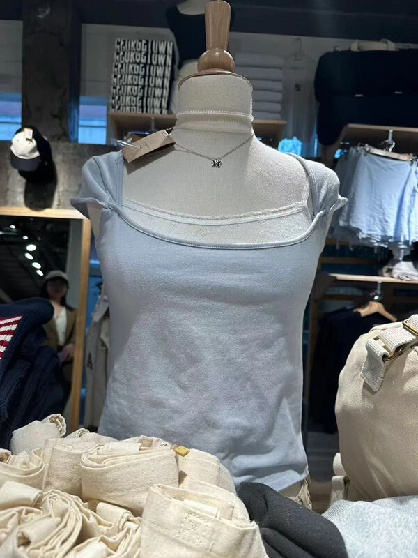 Женская хлопковая футболка с коротким рукавом и квадратным вырезом