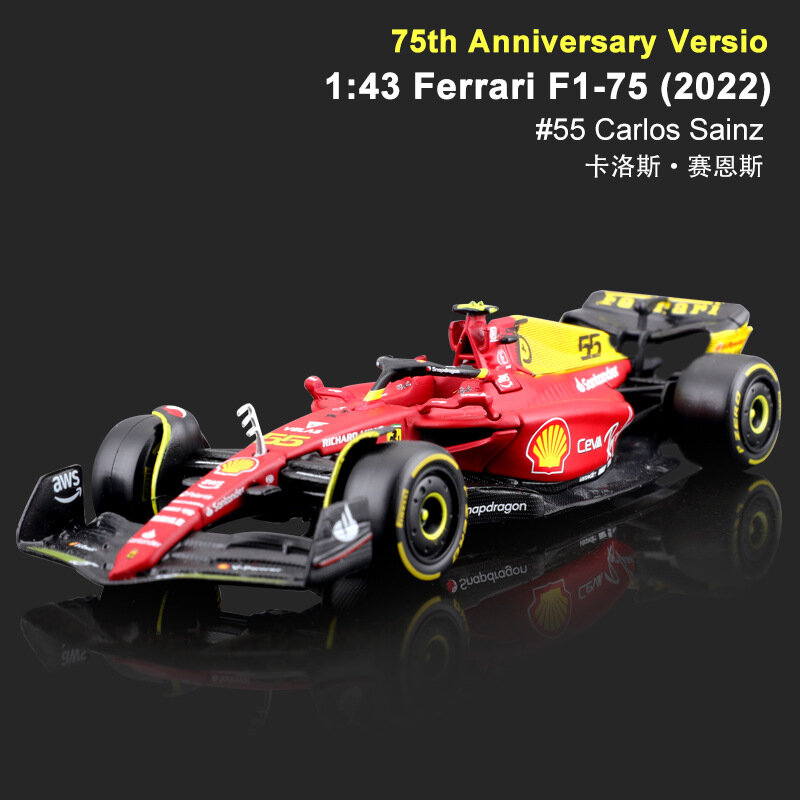 Ferrari-revestimiento conmemorativo de aleación, modelo de carreras de simulación revisado, juguete de decoración de colección, 75 ° aniversario, 1:43, F1-75 (2022)