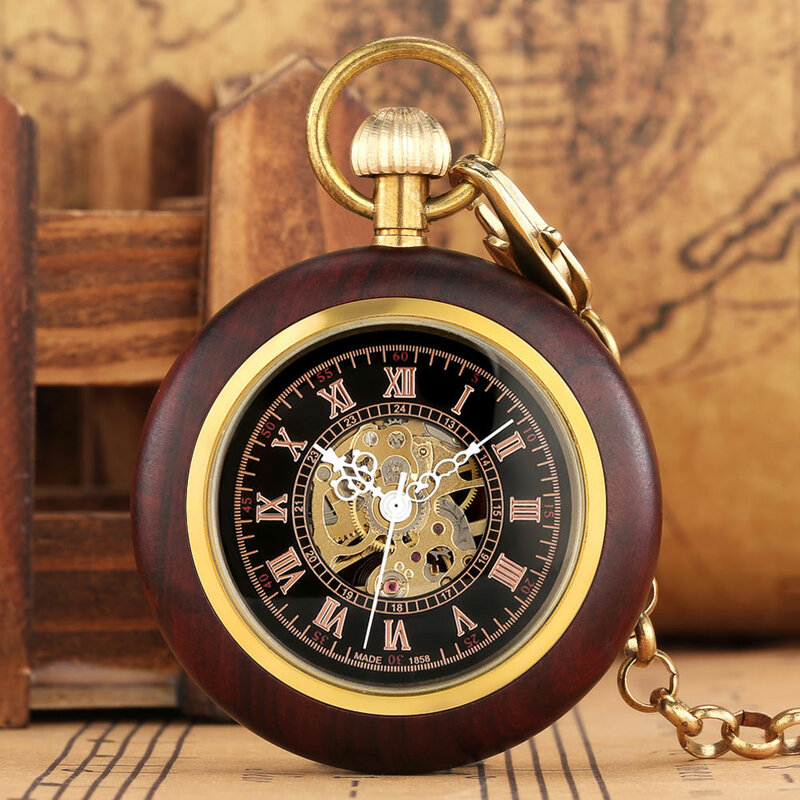 Red Wood Metal Watch Case Automatic Mechanical Pocket Clock Rose Gold Roman Numerals Dial Open Face Type Pendant Timepiece Gift