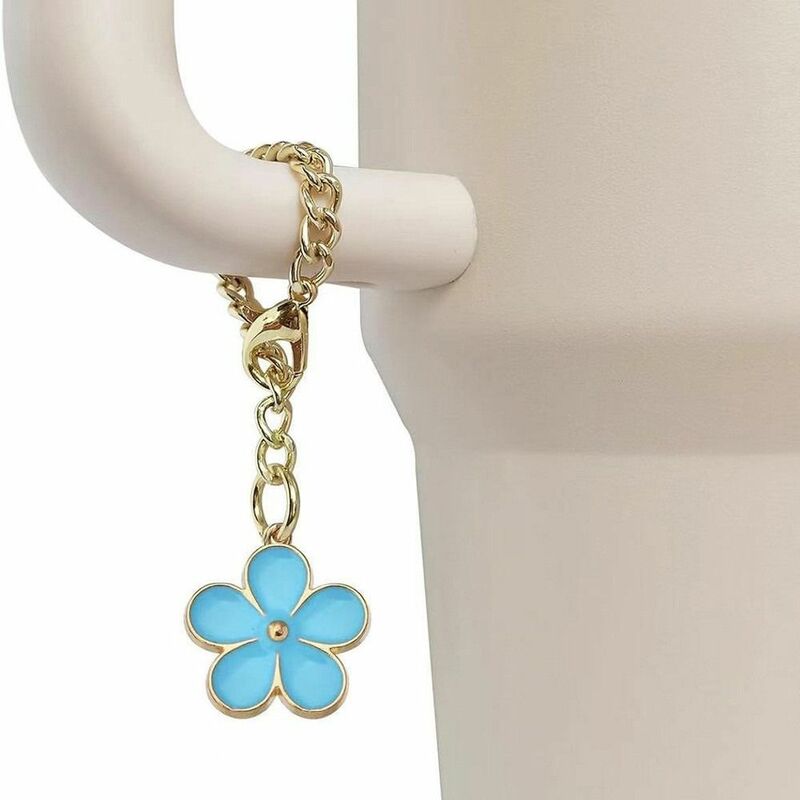 1Pcs Enamel Tags Cup Flower Charm Chain Pink Blue White Decorative Water Cup Handle Signs Metal Flower Charms