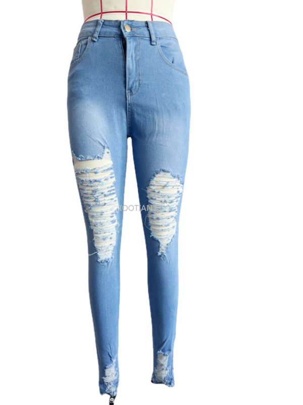 Nieuwe Trendy Casual High Street Gescheurde Potlood Jeans Mid Taille Gescheurde Zak Ontwerp Van Een Normale Stretchy Denim Broek Kuitbroek