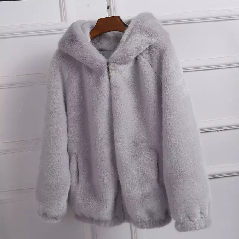 Lady Artificial Fur Hooded Soft 2022 Women's Jacket White Grey Pink Rabbit Imitation Fur Outcoat Winter Grass Mink Faux Fur Coat