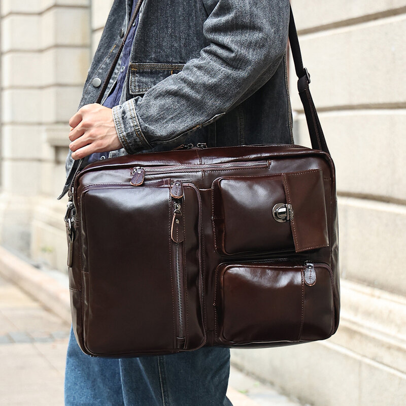New business leather briefcase man bag multifunctional retro men shoulder bag 17 inch computer head layer cowhide handbag