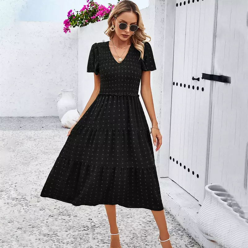 YEAE Solid Color V-Neck Dress Long Dress Polka Dot Flared Sleeve Pullover Calf Waist Skirt Dress Commuter Casual Vacation In New