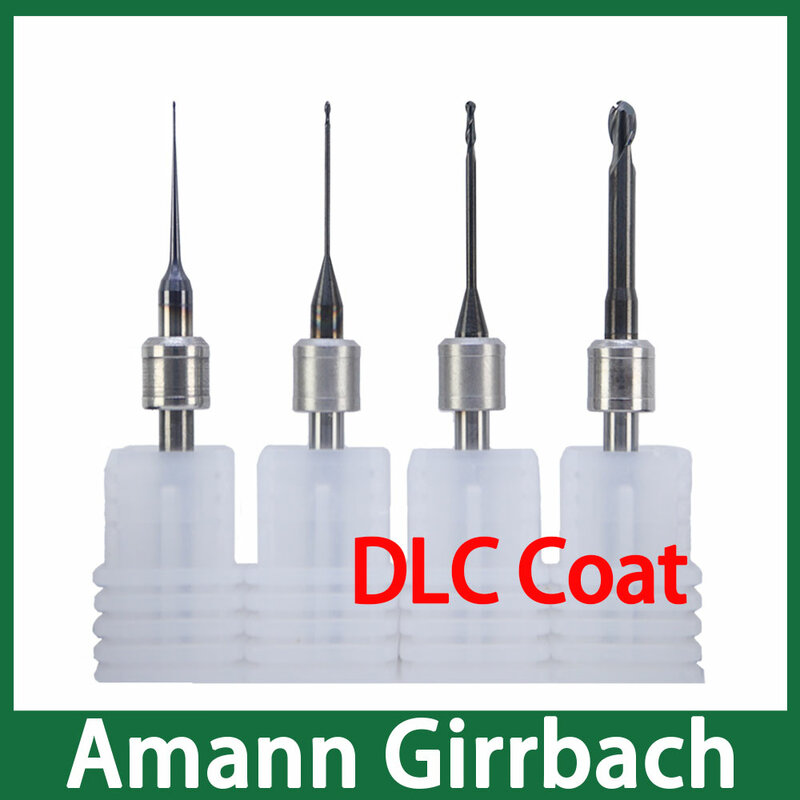 Moinho de extremidade Amann Girrbach com revestimento DLC para zircônia, cera, 0,6mm, 1,0mm, 2,5mm