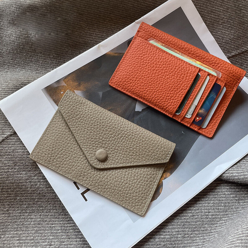超薄型インスタイルの本革カードホルダー女性のための、ミニショートエンベロープ財布、韓国日本クレジットカードケース、ファッション財布