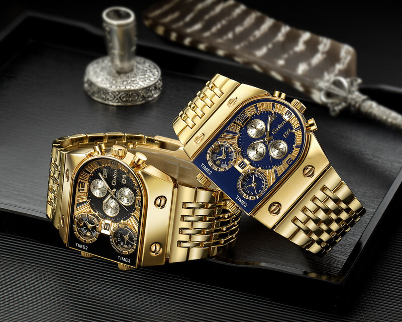 Новинка 2022 года, светящиеся мужские часы с большим циферблатом и несколькими часовыми поясами, кварцевые часы для отдыха со стальным ремешком, золотые мужские часы