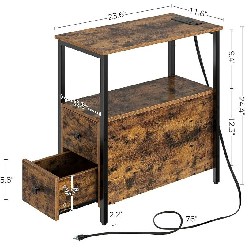 Stolik końcowy ze stacją ładującą, wąski stolik boczny z 2 drewnianymi szufladami, portami USB i gniazdami zasilania, stolik nocny