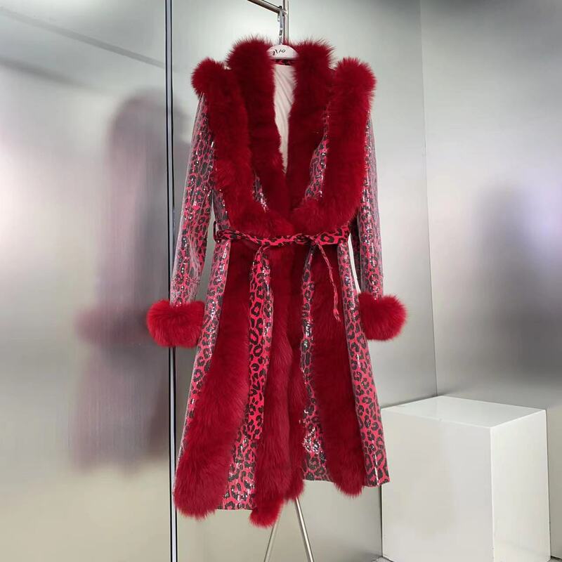 2024  Spring Winter High-end light luxury fox fur stitching denim sequined long fur coat V-Neck Fashion Design