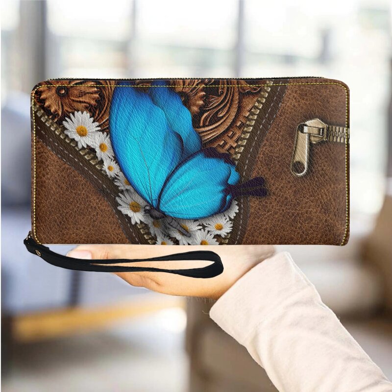 Милый Длинный кошелек, клатч, сумочки для денег с синей бабочкой и маргариткой, дизайнерские дорожные многофункциональные женские кошельки, кожаный держатель для карт, 2023