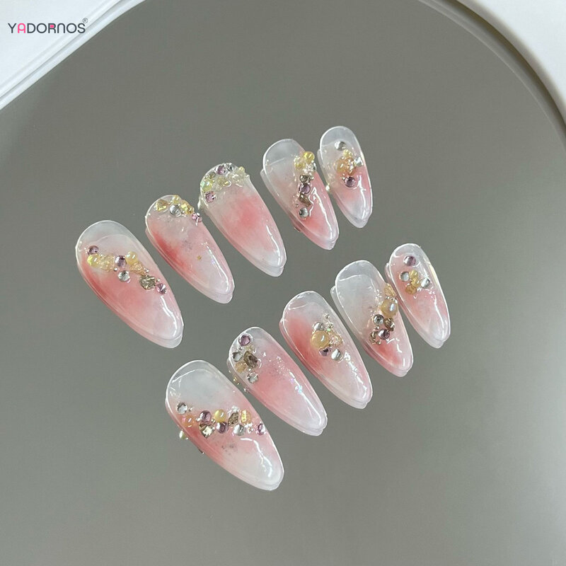 블러시 핑크 가짜 손톱 투명 아몬드 프레스, 수제 가짜 손톱 팁, 라인석 디자인, 여성용 DIY 매니큐어, 10 개