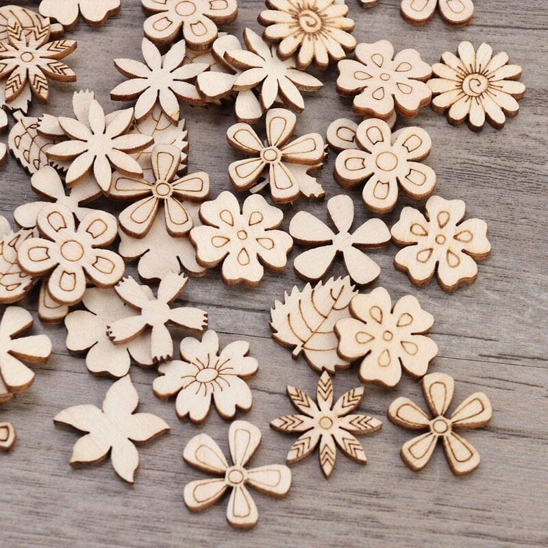 100 szt. Drewnianych krążków kształt kwiatu niedokończonych drewnianych wycinanki rzemieślnicze do dekoracji