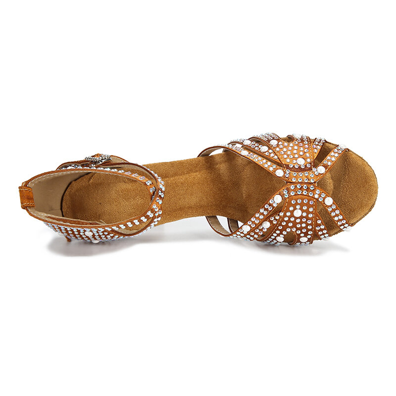 Disesuaikan sepatu dansa pesta Satin bersinar berlian imitasi lembut bawah Latin sepatu dansa wanita Sandal tari Salsa tumit 7.5 cm-10 CM