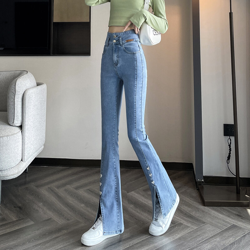 High-waisted Jeans Women's Autumn New Slim Fit High Y2k Trousers Slit Retro Blue Mopping Pants Street Flared Jeans Free Shipping