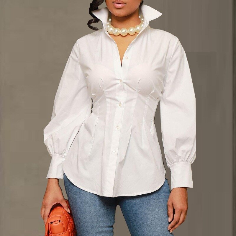 Sexy Women's Solid Color Slim Single-Breasted Shirt Spring Autumn New Blouse Top Women's Long Sleeve Cardigan Stand Collar Shirt