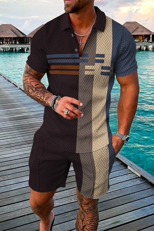Fashion Summer Men's Tracksuit Short Sleeve Polo Shirt Set Luxury Chain Print Clothing 2 Pieces Casual Suit Streetwear Outfit