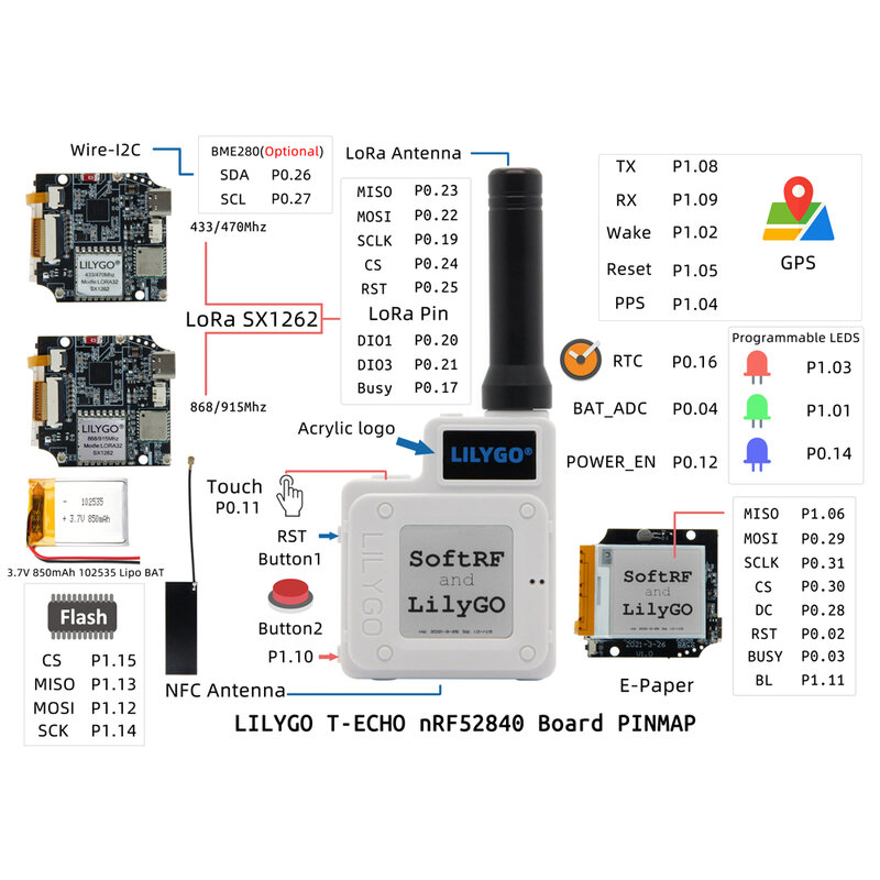 LILYGO® TTGO SotfRF T-Echo NRF52840 LoRa SX1262 modulo Wireless 433/868/915MHz L76K GPS 1.54 e-paper sensore BME280 per Arduino