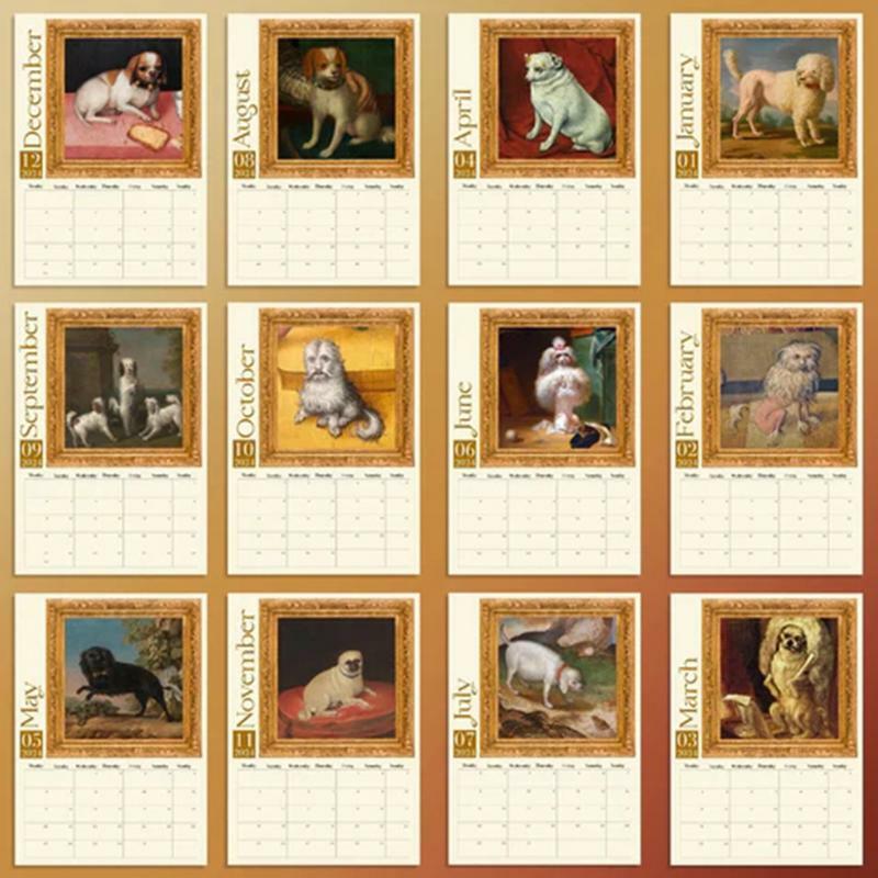 Seltsame mittelalter liche Hunde 2024 Kalender einzigartige lustige Retro seltsame Hund Kalender Neujahr Wandkalender für Schulen Wohnzimmer