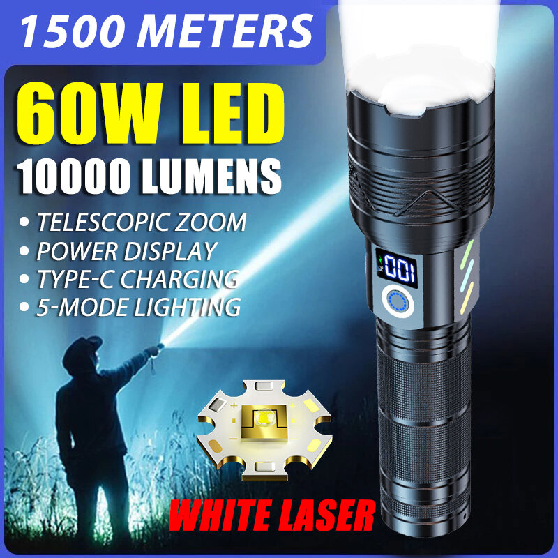Lanterna LED recarregável USB super poderosa, luz da tocha de exibição, alta potência para acampar porta fora, lanterna tática acabamento, 60W