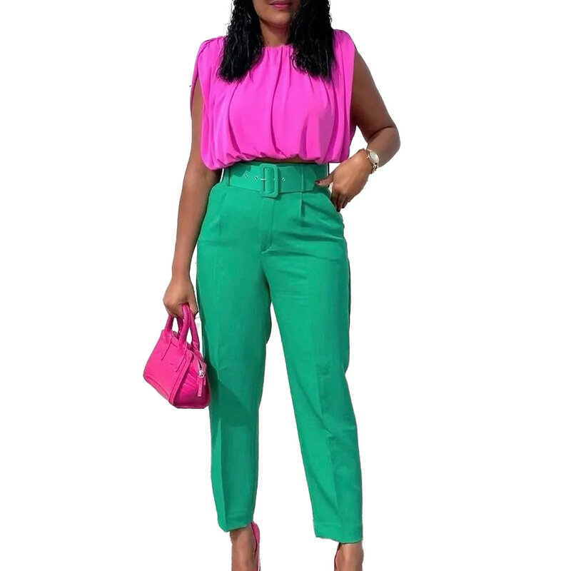2023 Spring New Arrival Fashion Style African Women High Waist Polyester Solid Color Long Pant African Clothes for Women +Belt