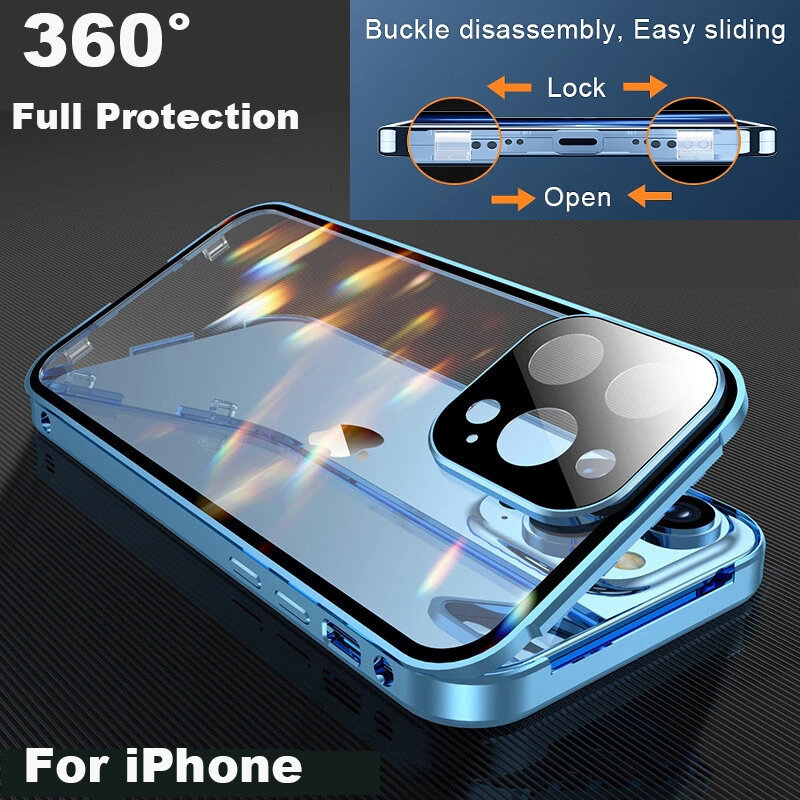 360 ° Volledige Bescherming Metalen Magnetische Dubbelzijdige Glazen Klikvergrendeling Case Voor Iphone 15 Pro Max 14 12 11 13 Pro Max Plus Bumperhoes