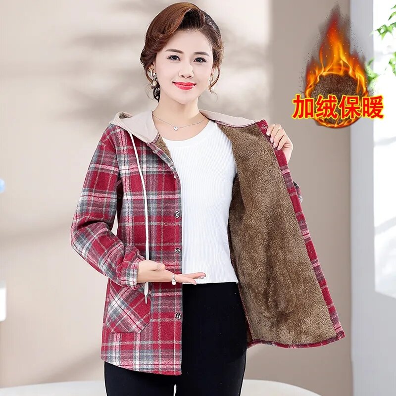 Frühling Herbst Winter hinzufügen Samt koreanische lässige Plaid mantel Strickjacke Kapuze lose Langarmhemd Jacke Damen Oberbekleidung 2024