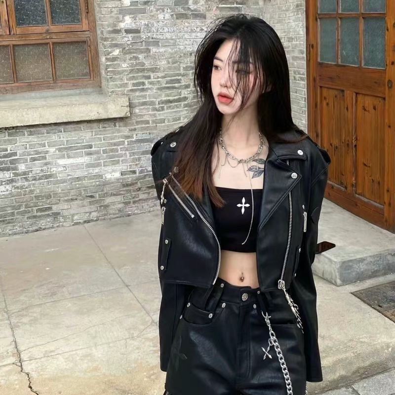 Luxury Cross Cool Sa Spicy Girl PU jackets for women Motorcycle Bomb Street leather jacket Coat Latest 2023 new women clothing