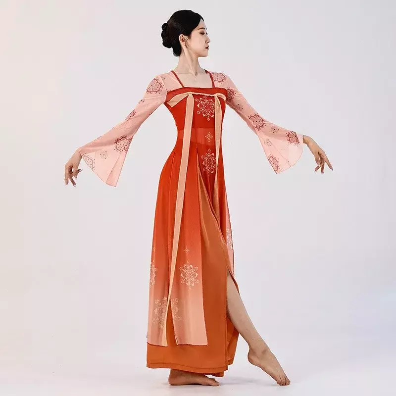 Kostum dansa klasik untuk wanita, pakaian panggung gaya Tiongkok Han dan Tang, memamerkan gaun jala yang elegan dan panjang