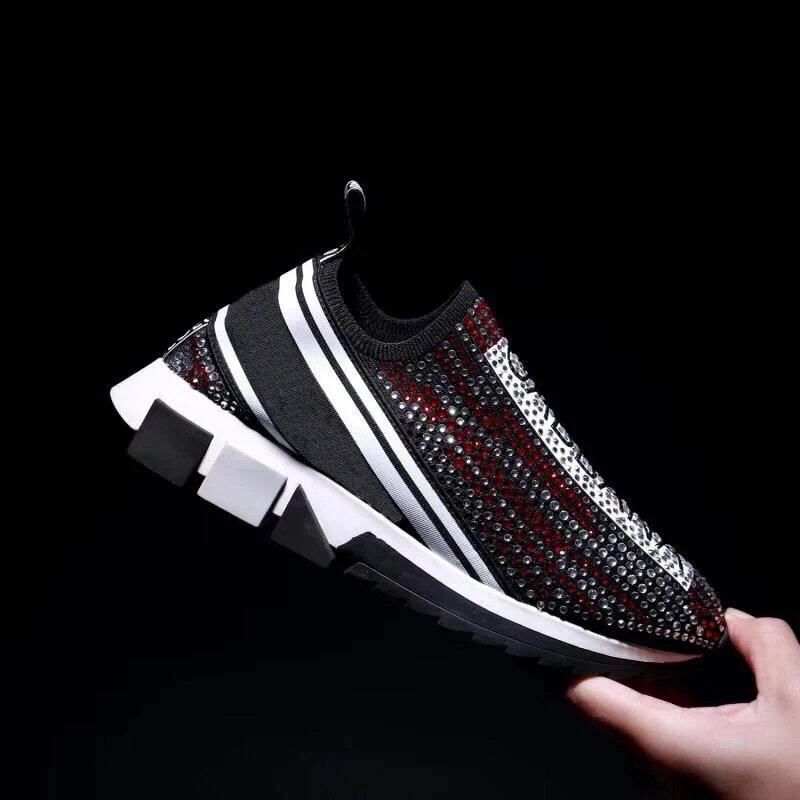 Lace Up Sneakers Mixed Color Crystal Diamonds Thick Bottom Design Men Women Rhinestone Socks Lightweight Height Increasing Shoes
