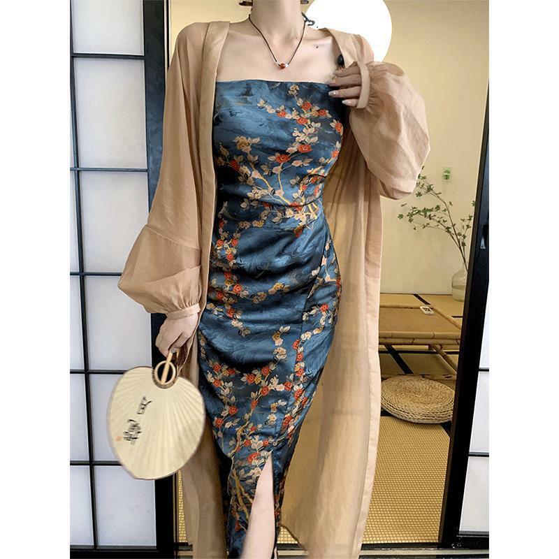 Vestido chino para mujer, conjunto de Qipao Sexy mejorado, cárdigan de malla y camisola, disfraces con estampado de flores, traje Cheongsam Hanfu, novedad