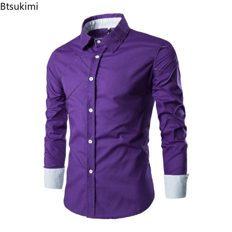 2024 New Men's Patchwork Slim Fit Long Sleeve Lapel Shirts Men Cotton Single Breasted Business Style Formal Shirts Male Camisas