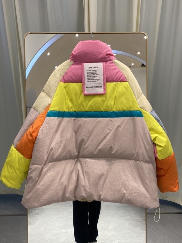 Chaqueta de plumón empalmada de mezclilla de gran tamaño para mujer, abrigo de invierno con bolsillos grandes, chaqueta acolchada de retazos con cremallera, gruesa a prueba de viento de alta calidad