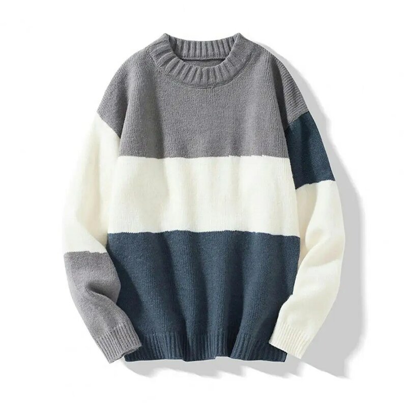 Sweater rajut leher bulat pria, Sweater Pullover hangat Unisex, lengan panjang tebal elastis leher bulat longgar warna blok musim dingin untuk lelaki