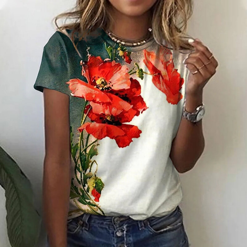 Camiseta floral feminina tema, plantas florais T-shirt, tops femininos básicos, pulôver extragrande, roupas de verão, moda, 2023