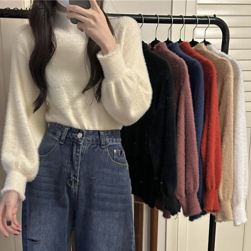 Knitted Pullovers Women Warm Half High Collar Inner Sweater Vintage Casual Streetwear Fashion Autumn Winter All-match Clothes