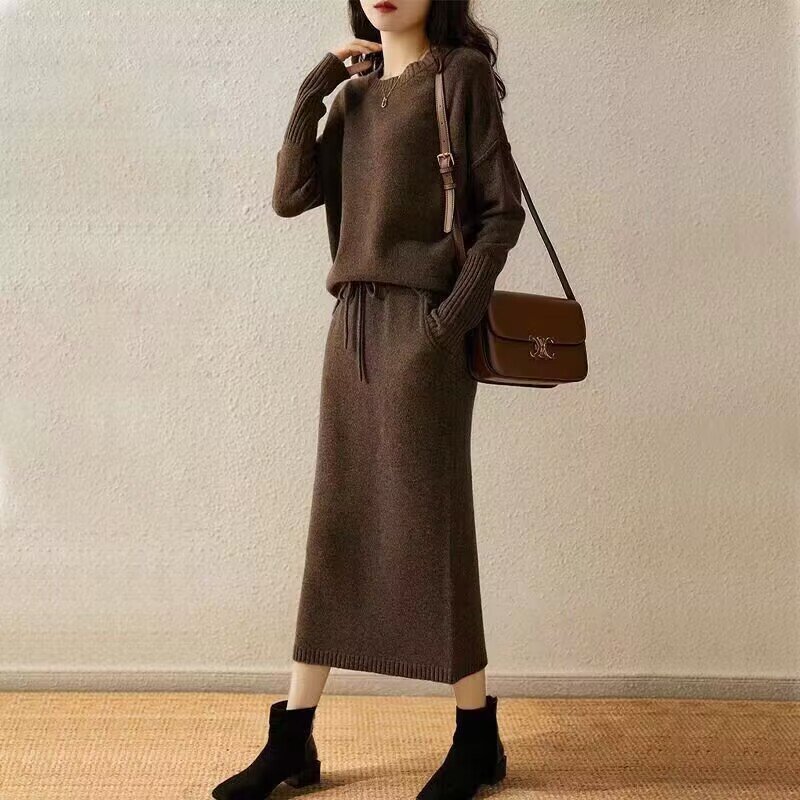 Koreanische Mode zweiteilige Sets Damen Outfits solide gestrickte Pullover Kleid Sets lose Pullover Pullover Rock Sets Damen bekleidung