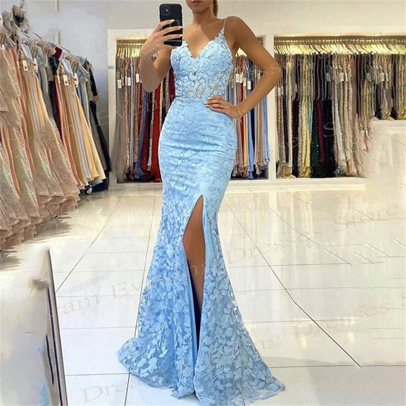 Sexy Blue Mermaid Charming Evening Dresses Appliques Lace Spaghetti Strap Prom Gowns Side High Slit Backless Vestidos De Noche