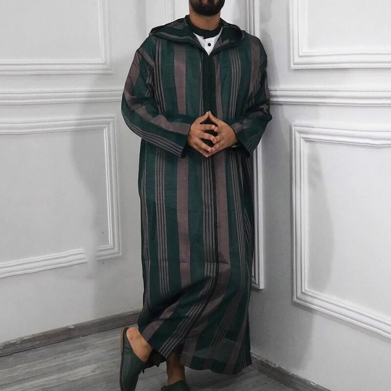Jubah Muslim pria jubah Muslim Muslim, pakaian jalanan perca bergaris lengan panjang ritsleting bertudung kasual longgar