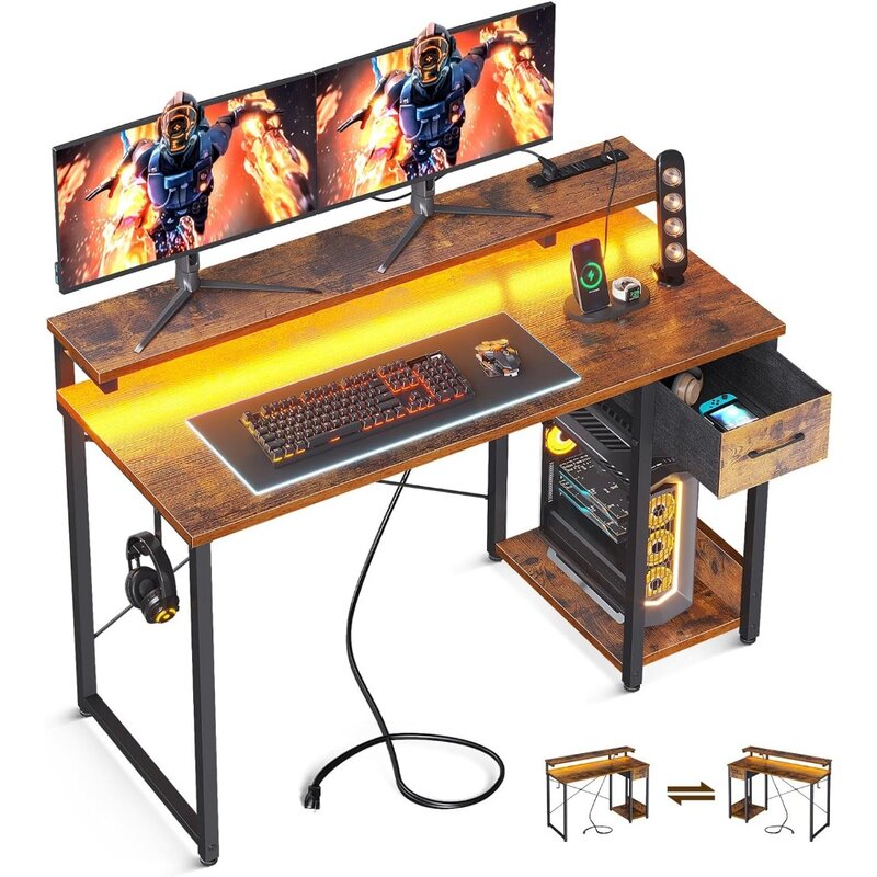 AODK-escritorio de ordenador para juegos con toma de corriente y tira de luz LED, escritorio de oficina en casa de 48 pulgadas con soporte de Monitor ajustable, marrón, EE. UU., nuevo
