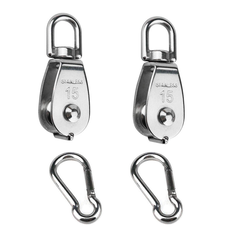 2PCS 304 Stainless Steel Single Pulley Block M15 Wire Rope Crane Pulley Block Hanging Wire Towing Wheel with Spring Snap Hook