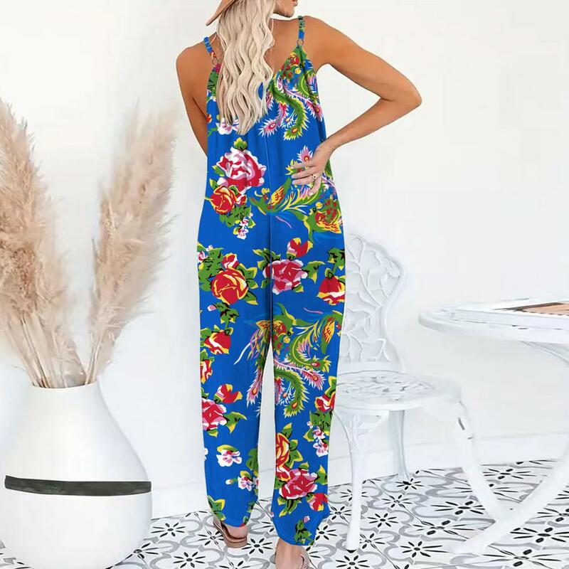 Loose Jumpsuit Elegant Floral Print V Neck Jumpsuit with Wide Leg Side Pockets Chinese Northeast Style Lady for Vacation