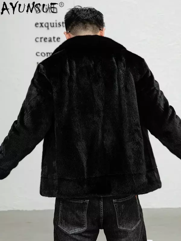 AYUNSUE куртки из натурального меха норки для мужчин 2023 зимняя Роскошная Высококачественная норковая шуба из натурального меха отложной воротник черная Меховая куртка