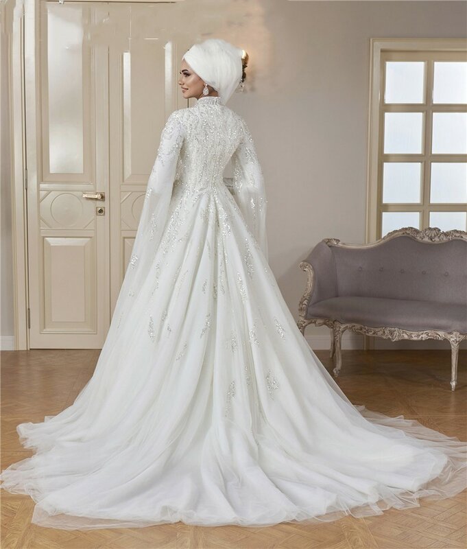 Элегантное Белое искусственное Свадебное бальное платье с длинным рукавом, вышитые блестками, скрытая молния, ТРАПЕЦИЕВИДНОЕ арабское свадебное платье
