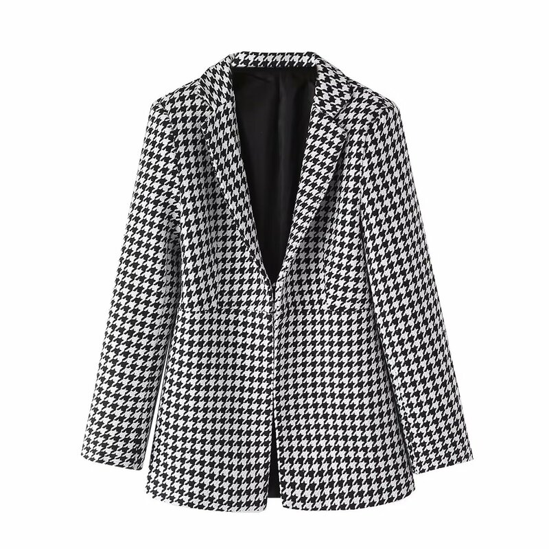 Women New Fashion With shoulder pads Black white checker Slim Blazer Coat Vintage Long Sleeve Snap button Female Outerwear Chic