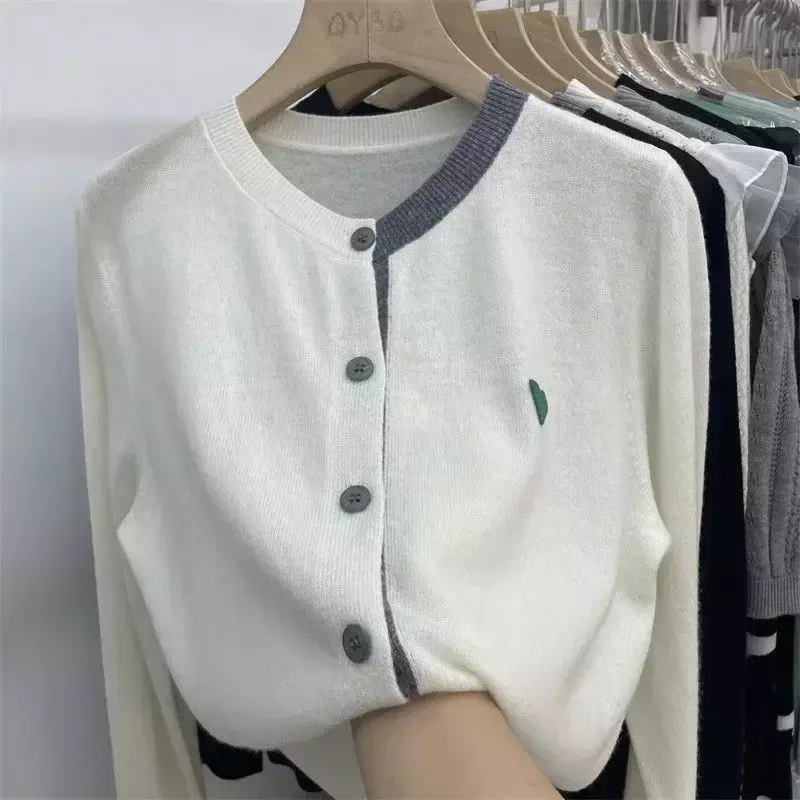 Spring and Autumn Round Neck Contrast Color Knitted Cardigan Women's Korean Patch Love Long-sleeved Bottoming Loose Sweater Top