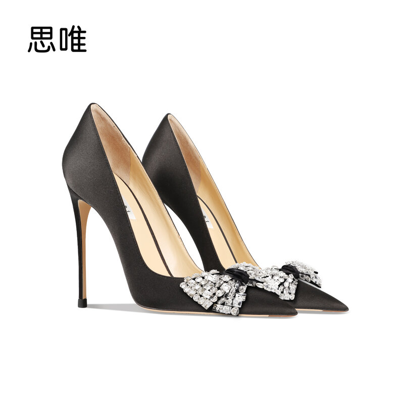 Women High Heel Shoes Satin Surface Crystal Butterfly-knot High Heels Pointed Toe Shallow Mouth Wedding Shoes Sexy Party Pumps