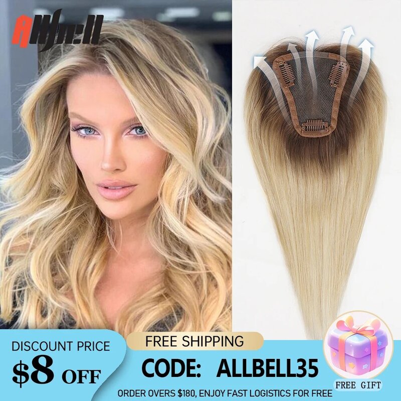 Brown Blonde Ombre 100% Remy Human Hair Toppers for Women 12 Inch Straight Middle Part Human Hair Piece Silk Base Clip in Topper